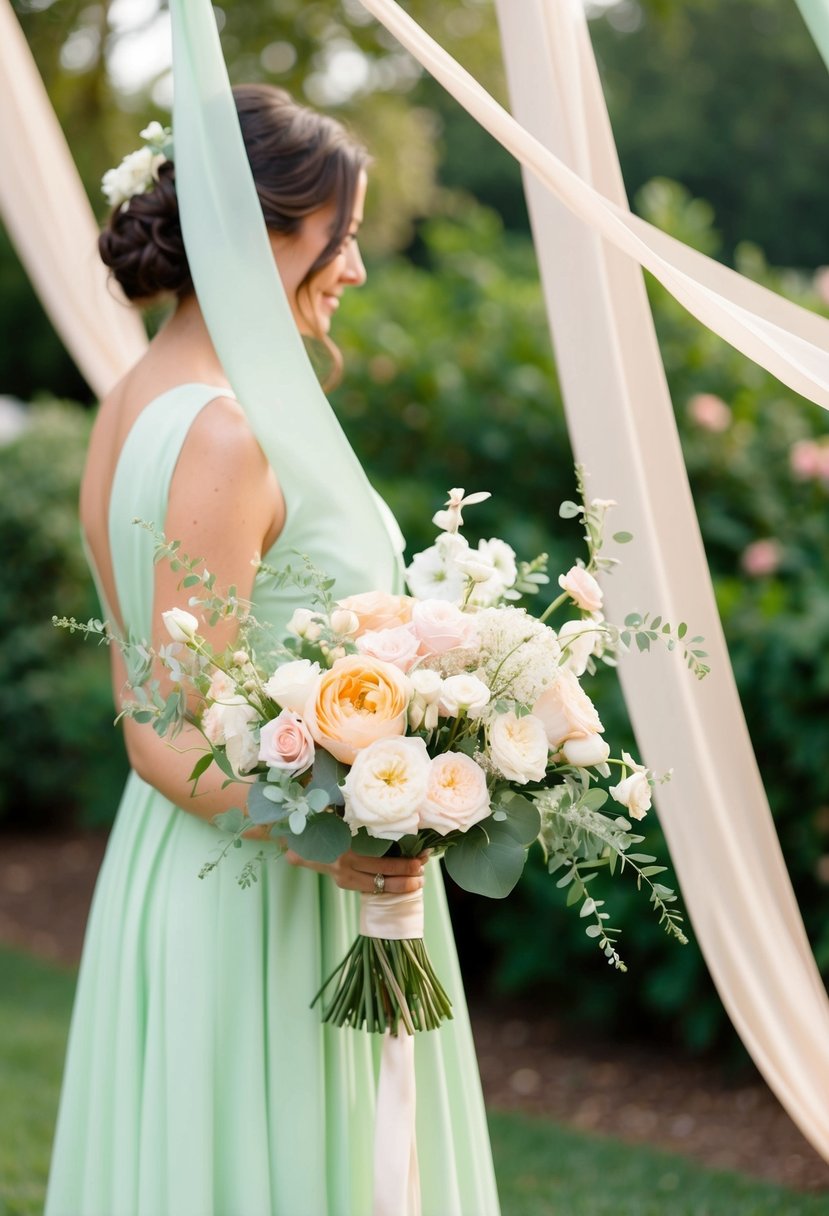 A serene garden wedding with mint green and peach decor, soft pastel flowers, and delicate ribbons fluttering in the breeze