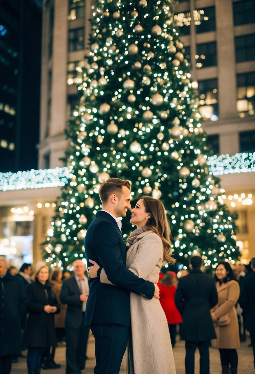 A couple standing under a tall, decorated tree surrounded by twinkling lights, with a crowd of people in the background