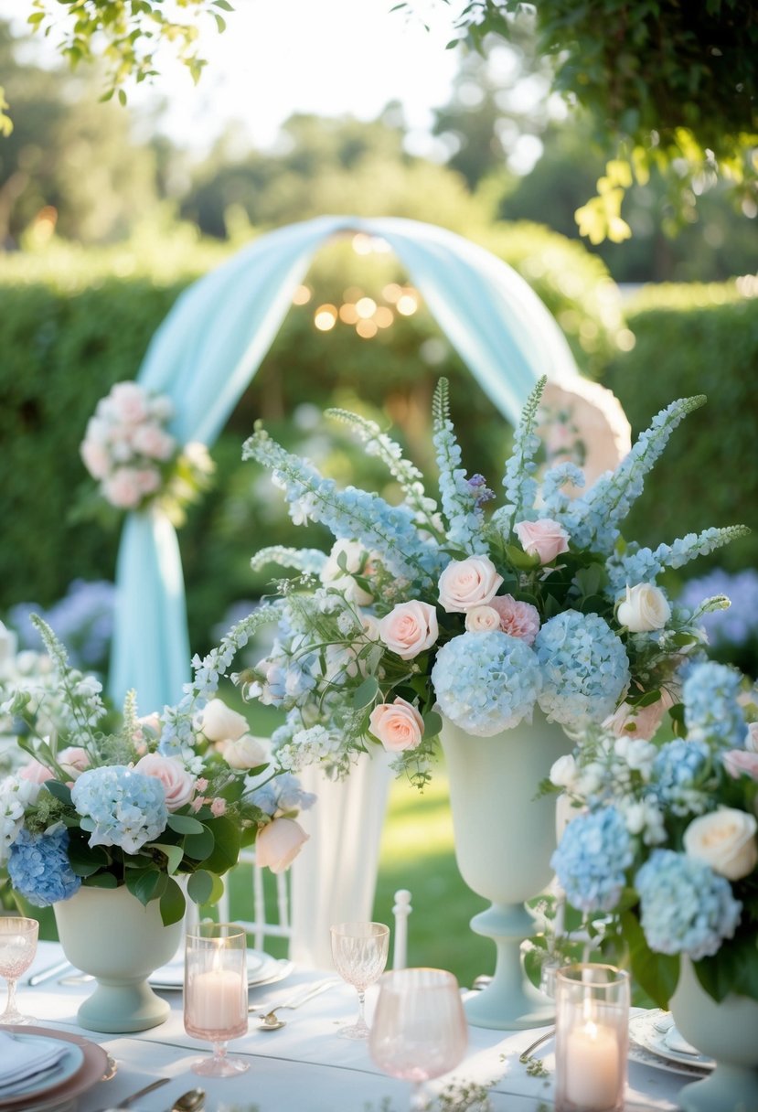 A serene garden wedding with powder blue and rose quartz flowers, soft pastel decor, and a romantic, ethereal atmosphere