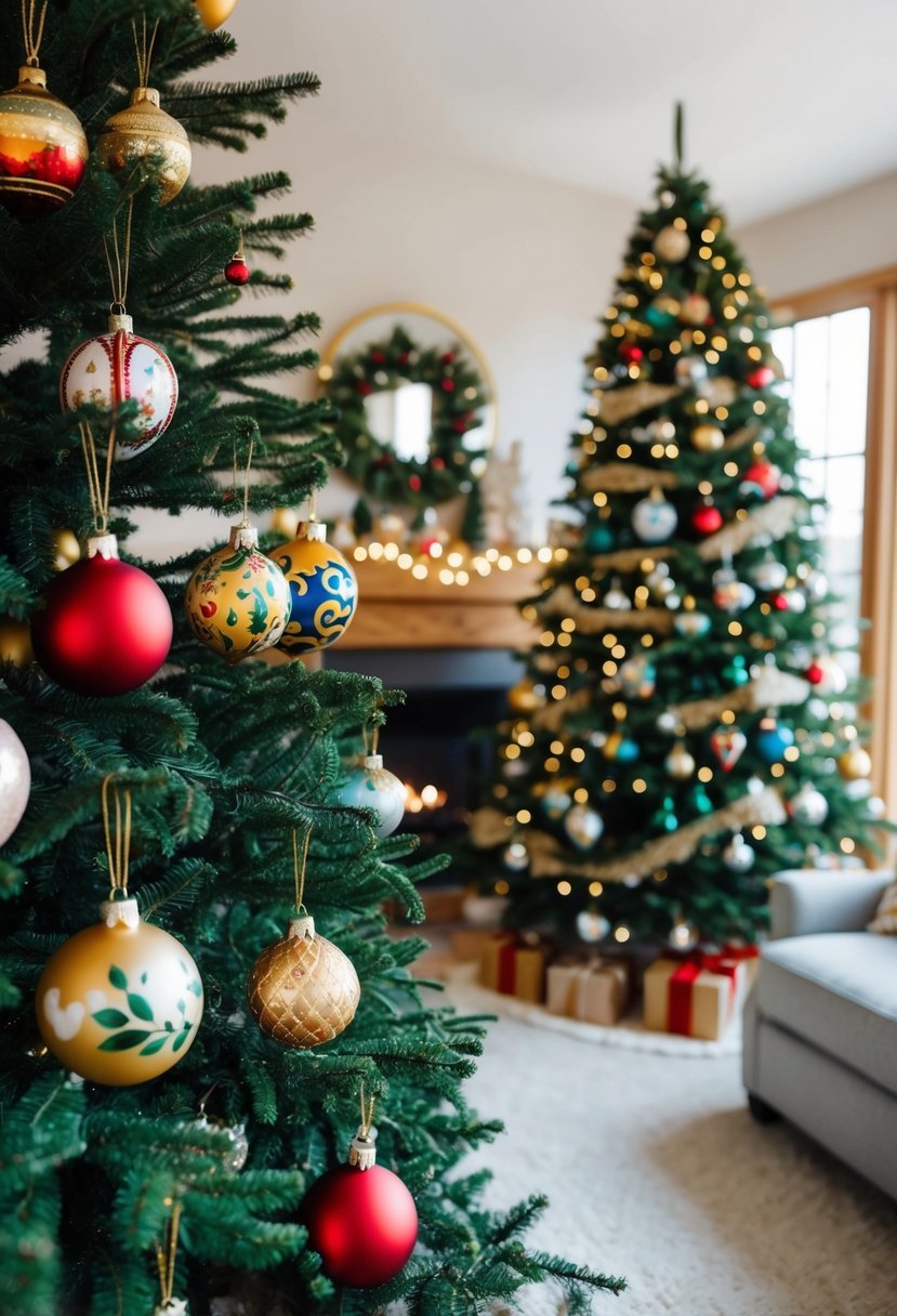 A cozy living room with a decorated Christmas tree, adorned with hand-painted ornaments in various colors and designs