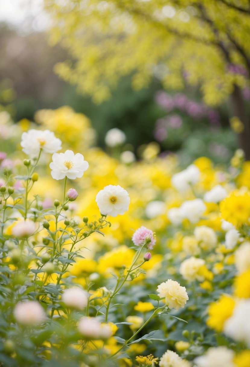 A serene garden bathed in soft yellow and ivory hues, with delicate pastel flowers blooming and a gentle breeze rustling through the air