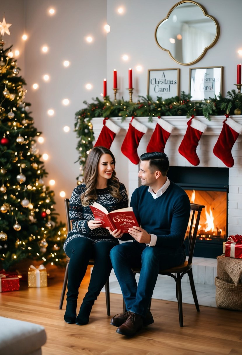 A couple sits by a crackling fireplace, reading 'A Christmas Carol' aloud. The room is adorned with twinkling lights and festive decorations