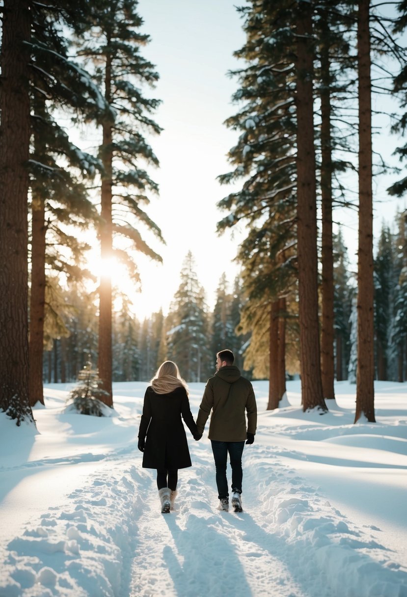 A couple walks through a snowy forest, surrounded by tall pine trees and a blanket of fresh snow. The sun sets behind them, casting a warm glow over the winter wonderland