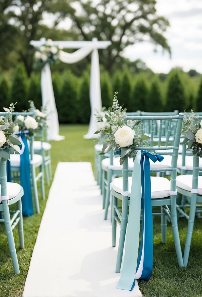 A serene outdoor wedding ceremony with sage and French blue decorations, including floral arrangements and ribbons on chairs