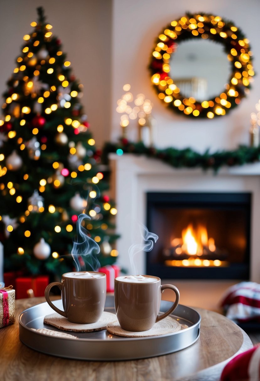 A cozy living room with a crackling fireplace, two mugs of steaming hot cocoa on a table, surrounded by twinkling Christmas lights and festive decorations