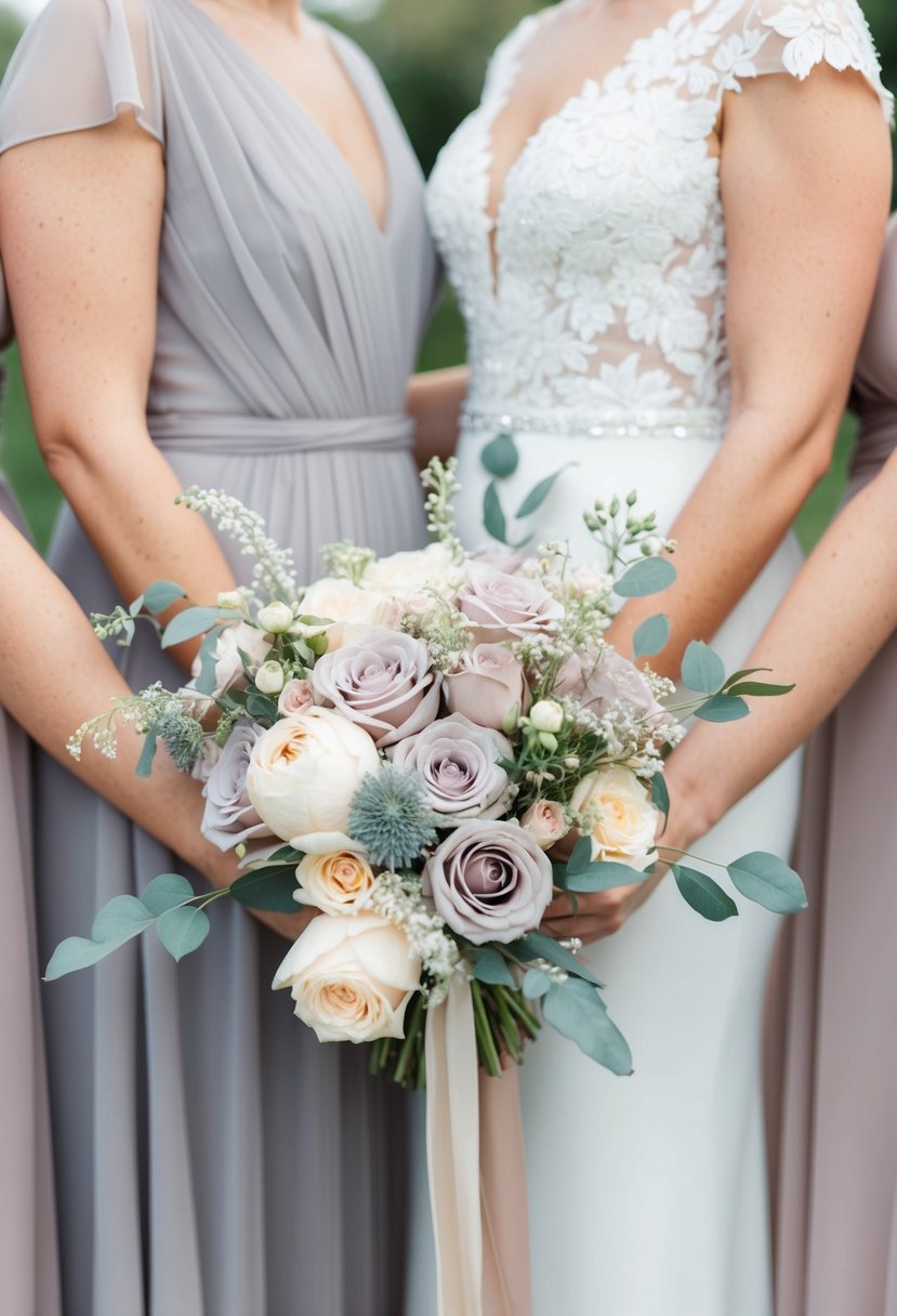 A dusty rose and light gray color palette for a wedding, with soft pastel tones and delicate floral arrangements