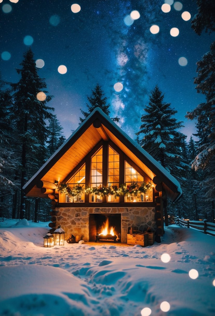 A cozy cabin nestled in a snow-covered forest, with a warm fireplace, twinkling Christmas lights, and a starry night sky outside