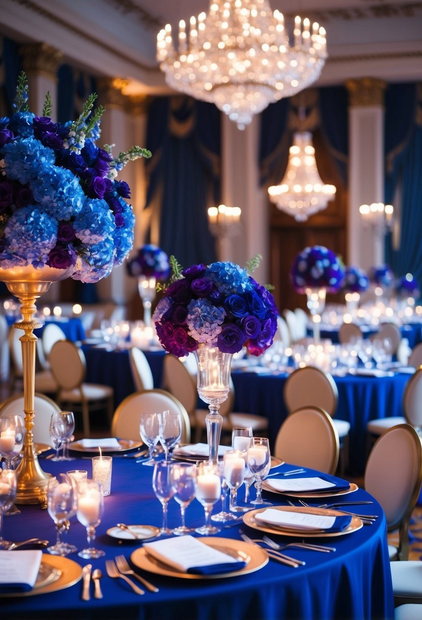 A grand ballroom adorned with royal blue and purple flowers, elegant table settings, and shimmering candlelight