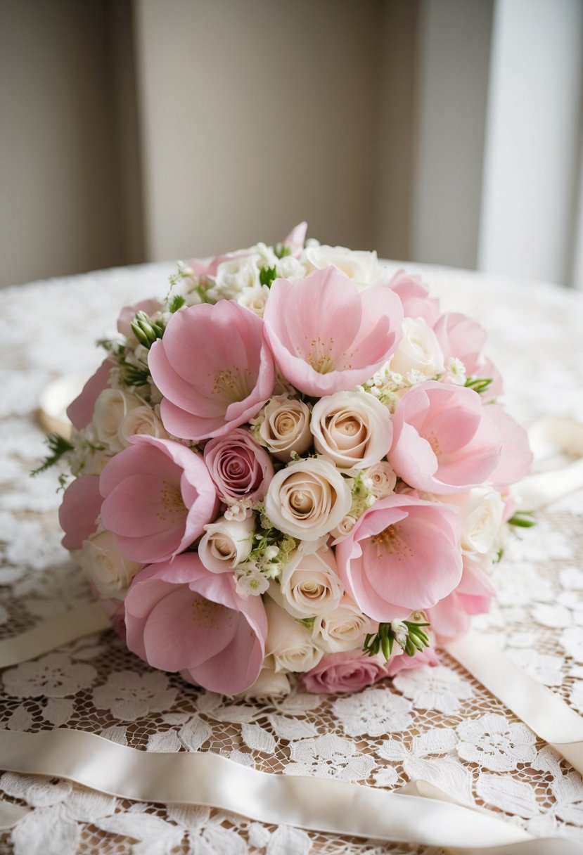 A soft pink and ivory wedding bouquet rests on a lace tablecloth. Delicate pastel petals and ribbons create a romantic, ethereal atmosphere