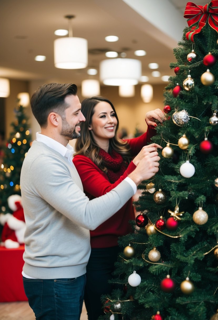 A couple decorating a Christmas tree at a local charity event