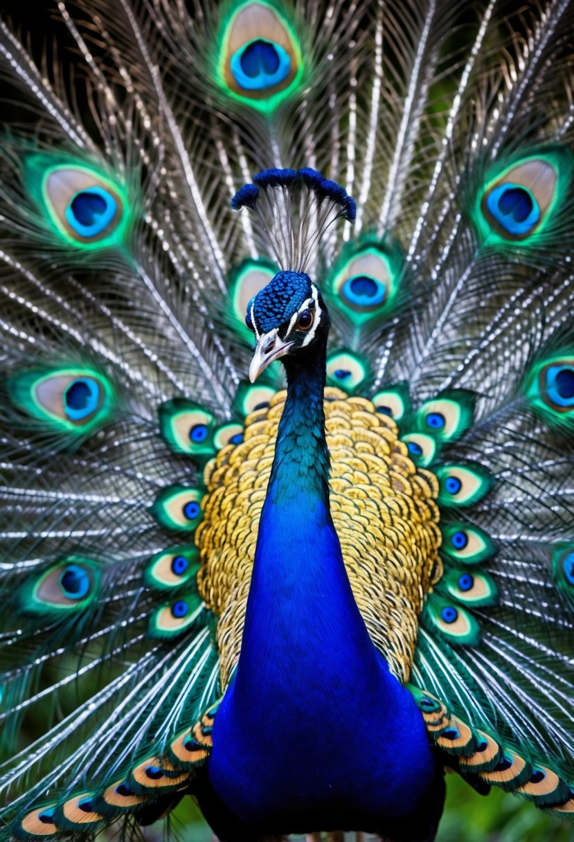 A regal peacock with deep royal blue and vibrant purple feathers, displaying an eye-catching color scheme for a wedding theme