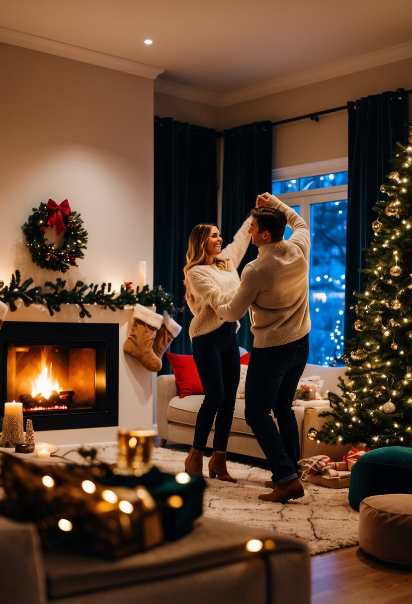 A cozy living room with a crackling fire, twinkling Christmas lights, and a couple dancing to a festive playlist