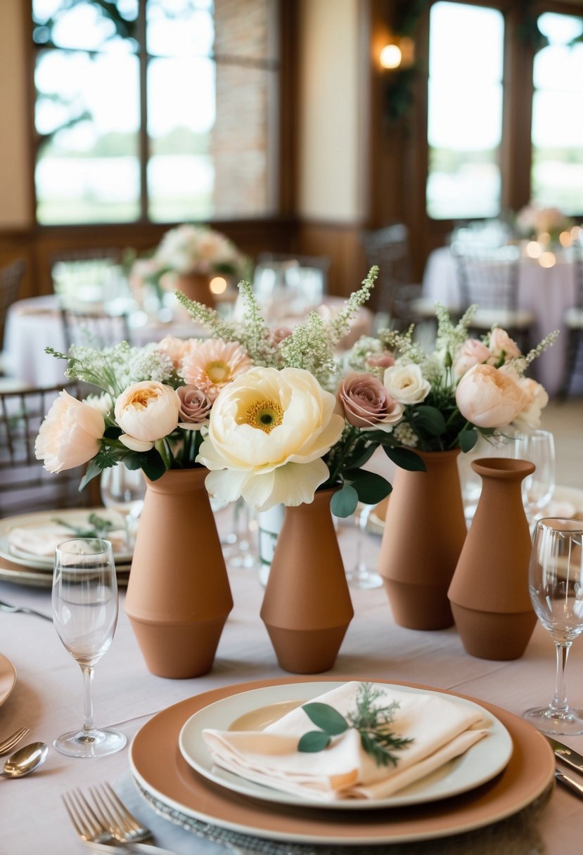 Soft pastel flowers and terracotta vases adorn a wedding reception table. Delicate napkins and plates complement the earthy tones