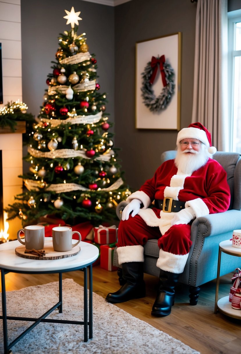 A cozy living room with a decorated Christmas tree, a crackling fireplace, and two mugs of hot cocoa on a table, with Santa sitting in an armchair