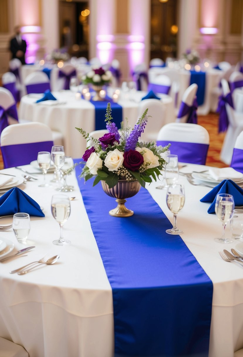 Royal blue table runners with purple centerpieces adorn the elegant wedding reception, creating a regal and sophisticated atmosphere