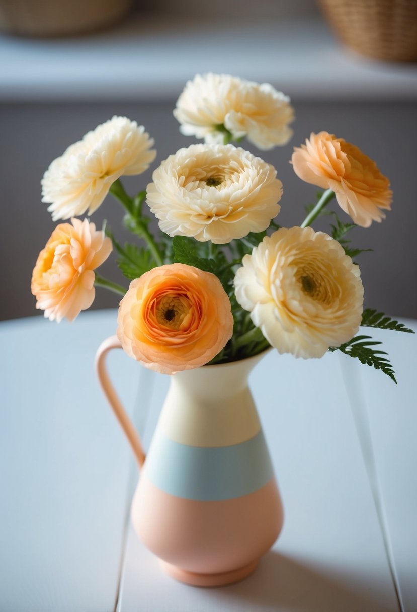 A delicate bouquet of cream and soft orange flowers arranged in a pastel-colored vase