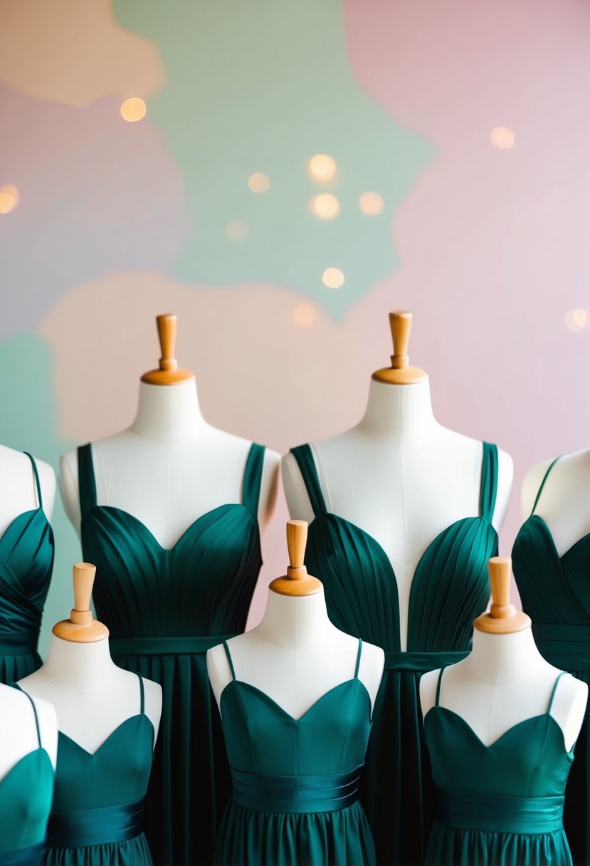 A group of mannequins in dark green bridesmaid dresses against a soft pastel backdrop