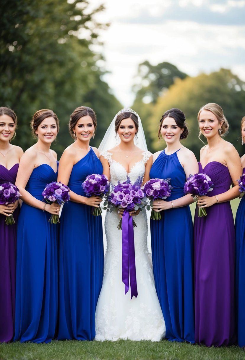 Bridesmaids in royal blue gowns holding purple bouquets at a royal blue and purple wedding