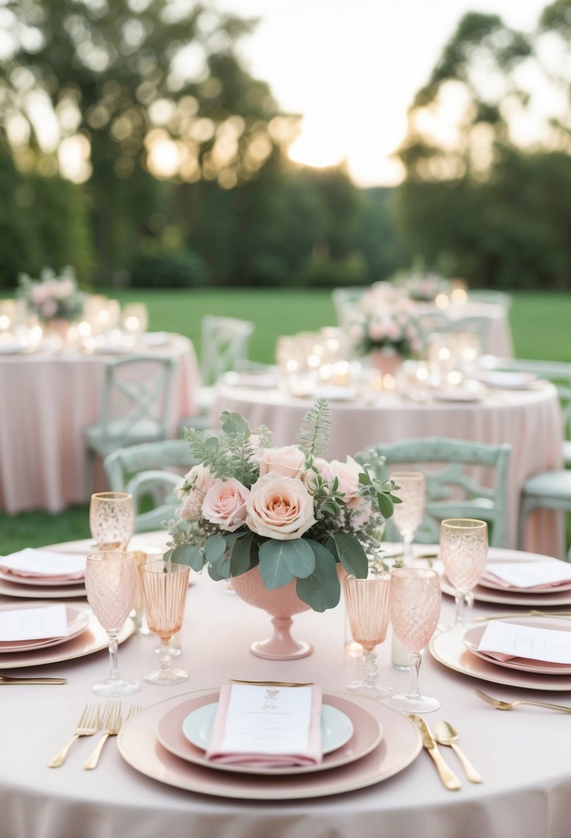 A serene wedding table adorned with blush pink and sage touch pastel decor