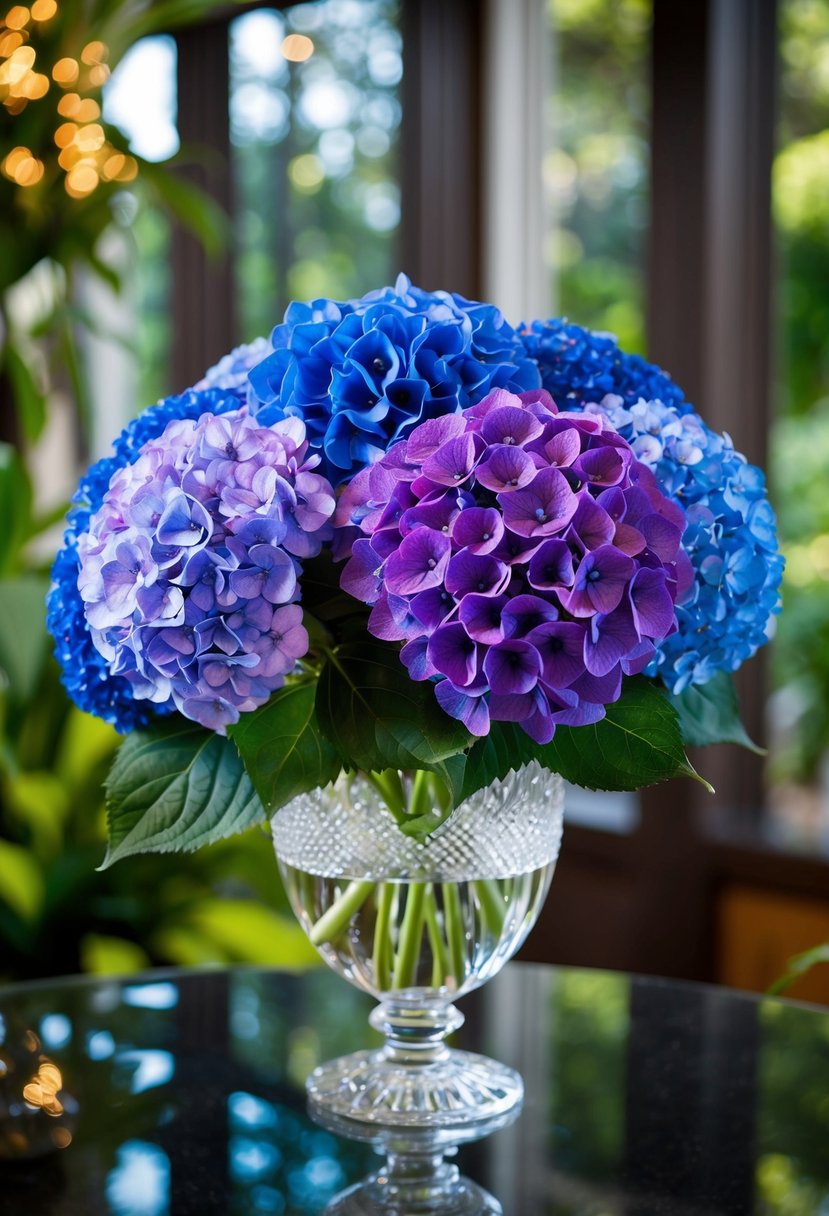 A lush bouquet of royal blue and purple hydrangeas arranged in a crystal vase