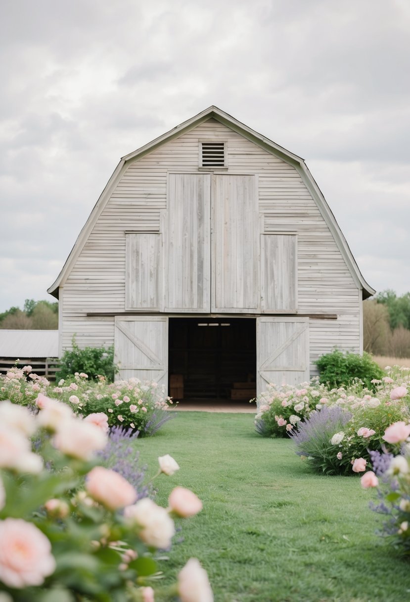 A weathered vintage barn surrounded by soft pastel flowers and greenery, with a mix of blush, lavender, and mint accents