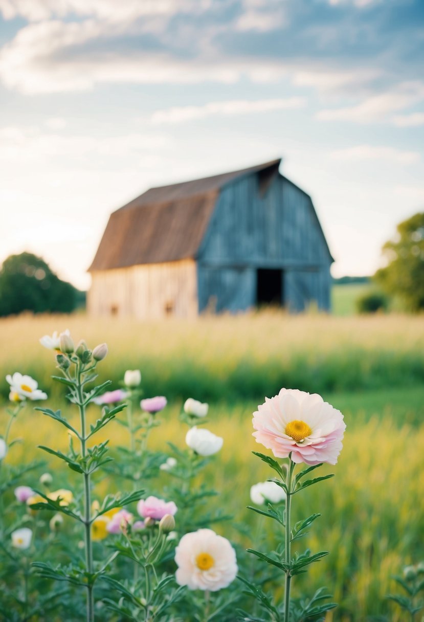 A serene countryside landscape with soft pastel-colored flowers and a weathered wooden barn in the background