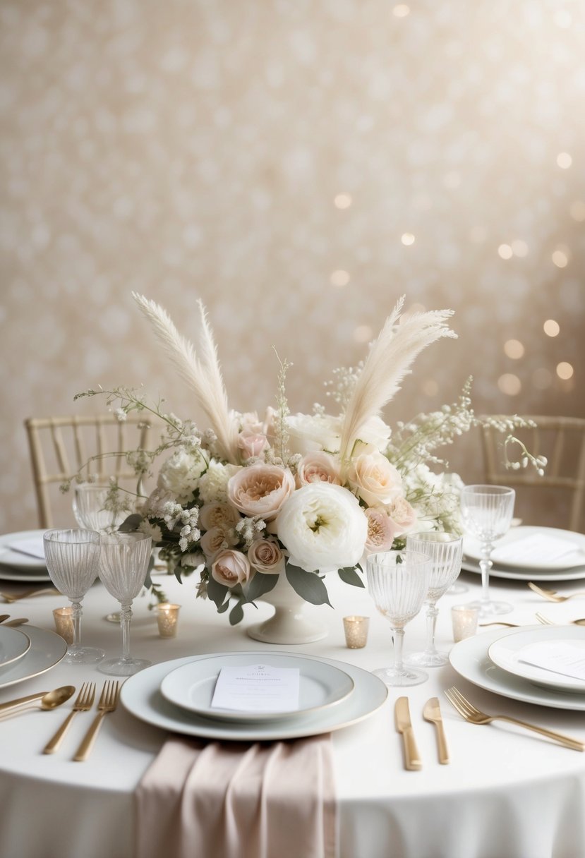 A serene wedding table setting with ivory and beige softness, featuring delicate pastel flowers, flowing fabric, and elegant dinnerware