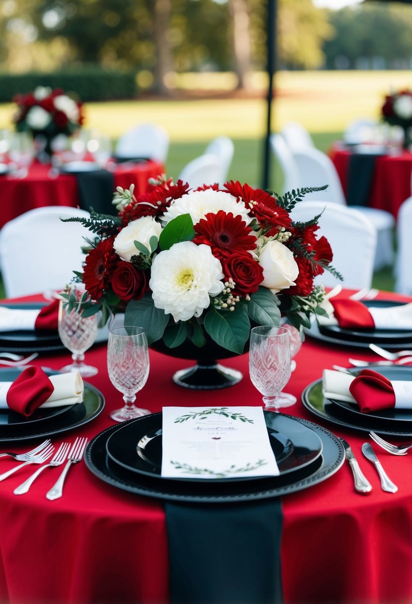 A black and red wedding table setting with elegant floral centerpieces and matching place settings