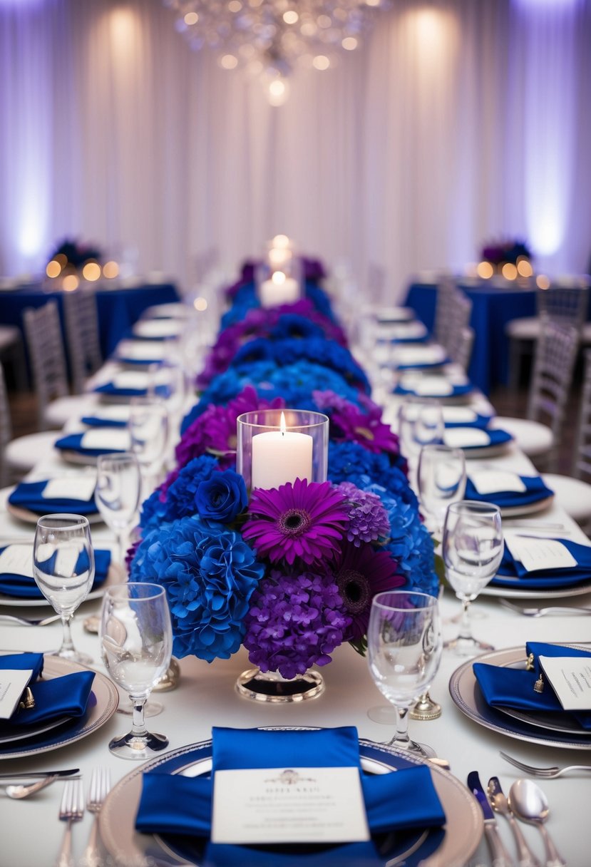 A regal wedding table adorned with royal blue and purple flowers, accented with silver candle holders and tableware for a glamorous touch to the color palette