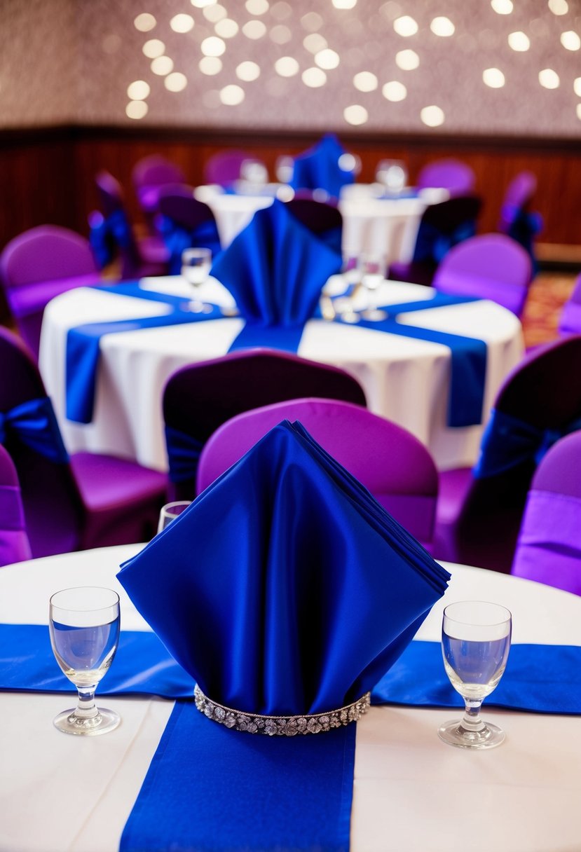 Royal blue napkins arranged with purple chair sashes on a decorated table