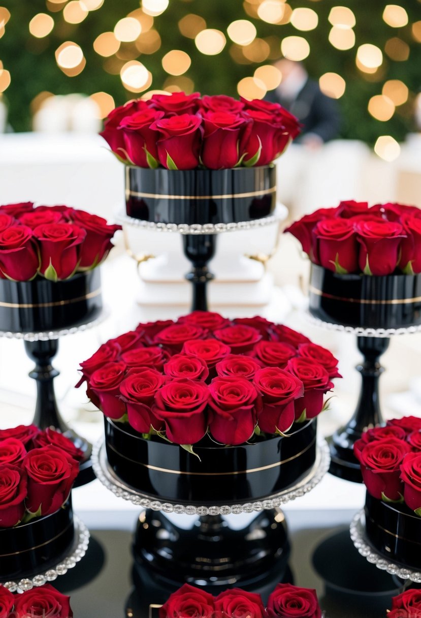 A centerpiece of red and black roses arranged in an elegant display