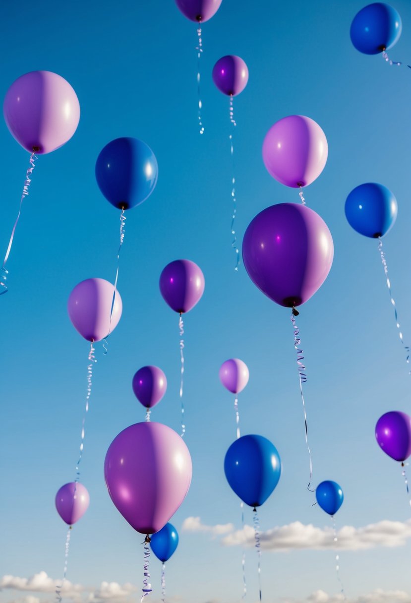 A clear blue sky dotted with floating purple and royal blue balloons, creating a whimsical and dreamy atmosphere