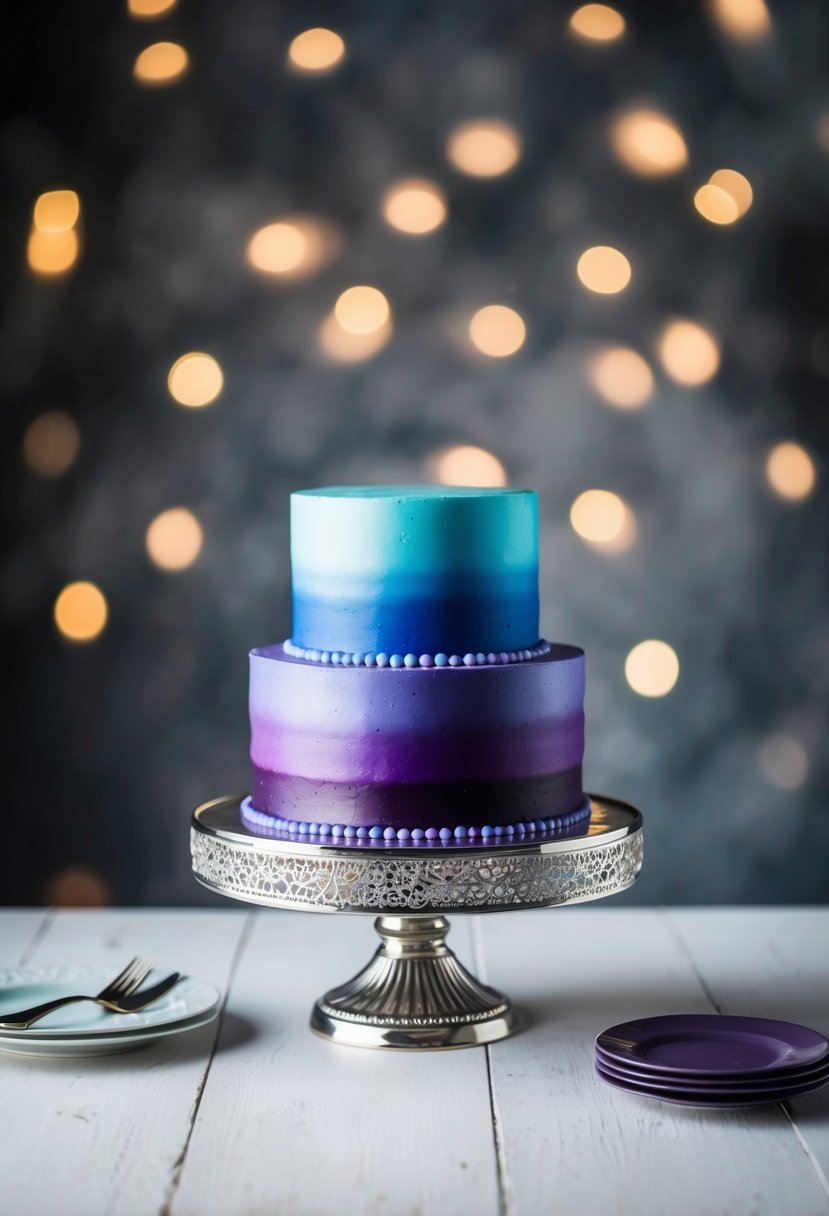 A royal blue and purple ombre cake on a decorative stand