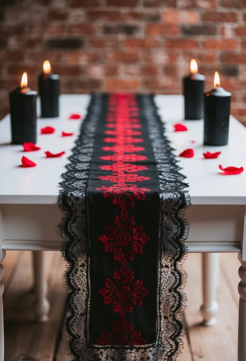 A black and red lace table runner draped across a white table, with scattered red rose petals and black candles