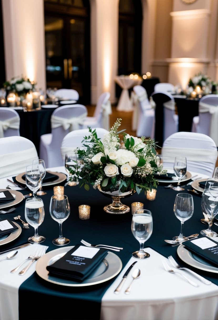 Elegant black and white table setting with silver accents and floral centerpieces for a formal wedding reception