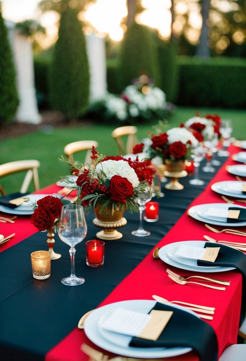 A black and red wedding table setting with gold accents