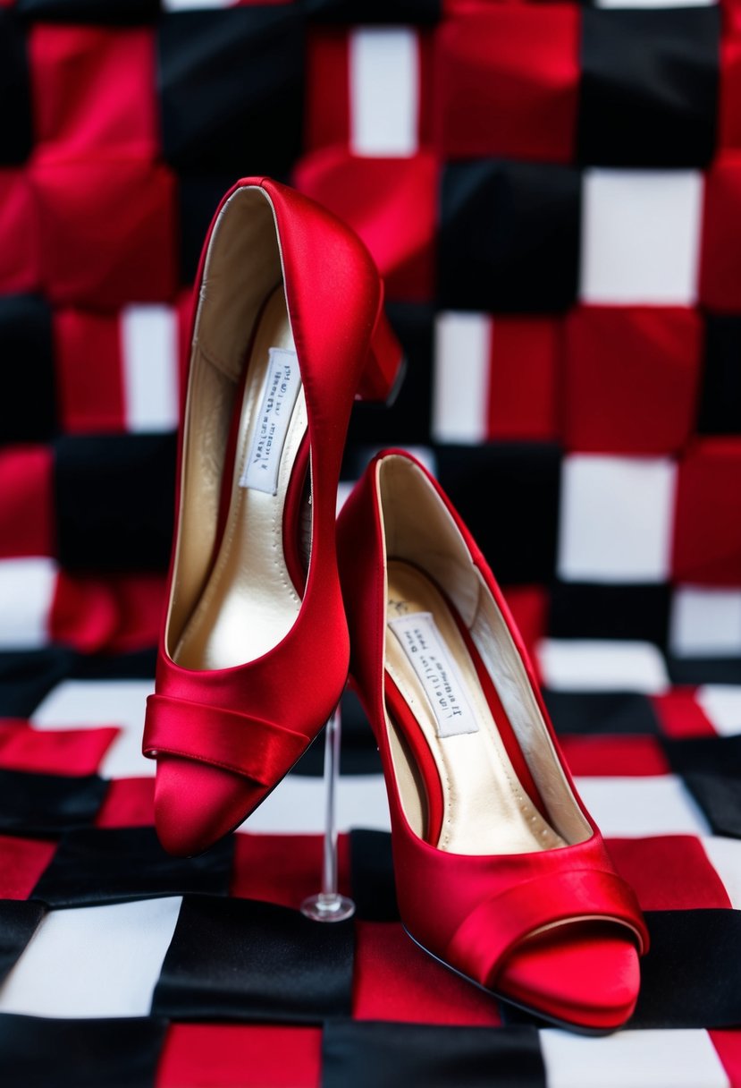 A pair of satin red bridal shoes set against a backdrop of black and red wedding color ideas