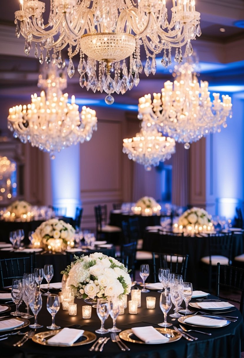 Glistening crystal chandeliers illuminate a grand black tie wedding table, adding an elegant and luxurious touch to the opulent decor