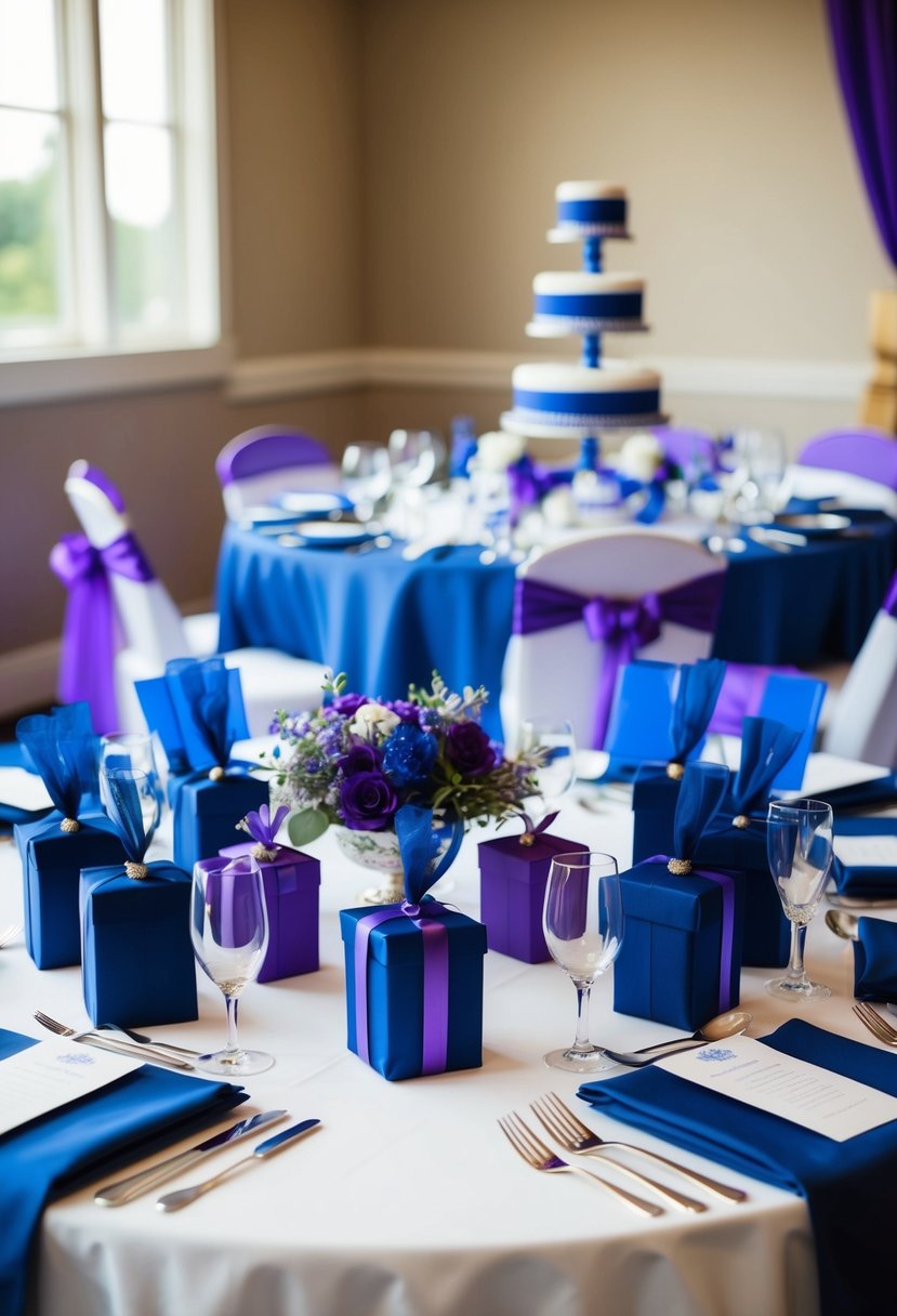 A table adorned with navy blue and lilac wedding favors, accented with royal blue and purple décor