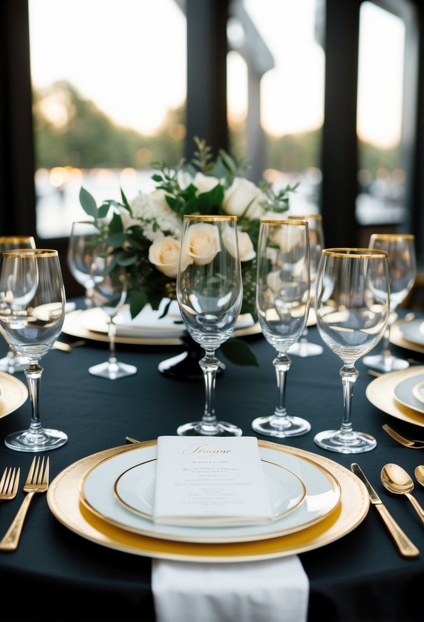 Elegant gold-rimmed glassware arranged on a black tie wedding table, exuding sophistication and luxury