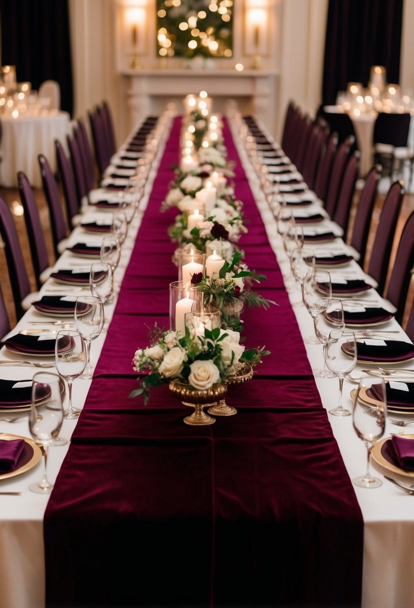 A long, elegant table adorned with rich, velvet runners in deep, luxurious hues, creating a sophisticated and opulent atmosphere for a black tie wedding celebration