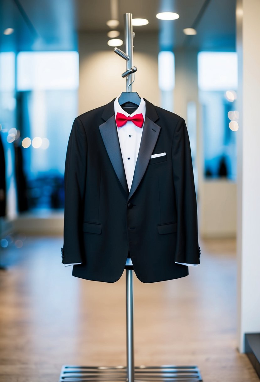 A black tuxedo with a red bowtie hanging on a sleek, modern coat rack