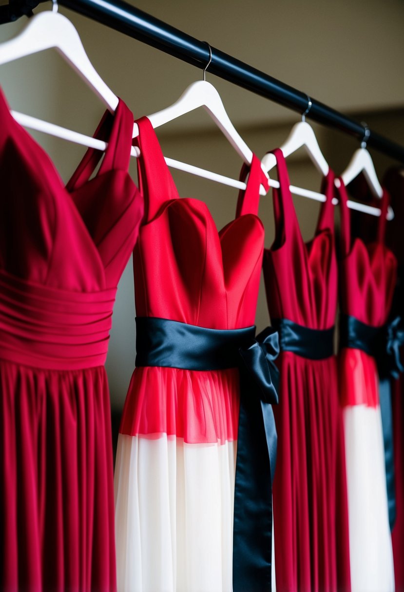 Red bridesmaid dresses with black sashes hanging on a clothing rack