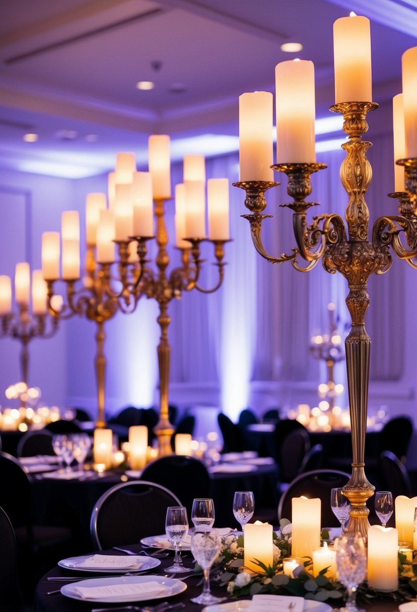 Tall candelabras adorned with tapered candles illuminate a sophisticated black tie wedding table setting