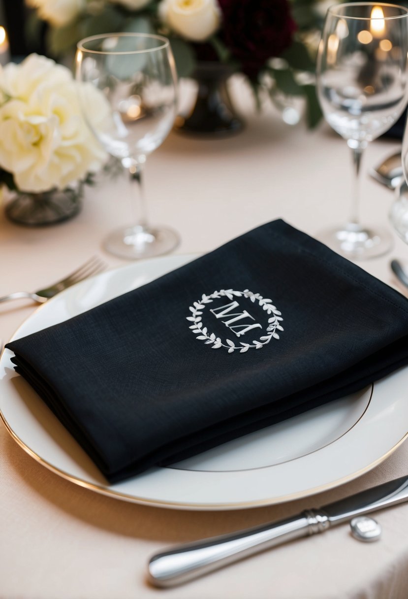 Elegant black napkins with custom monogram, neatly folded on a formal wedding table