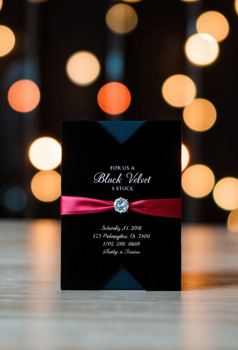 A black velvet invitation card with red accents against a dark background