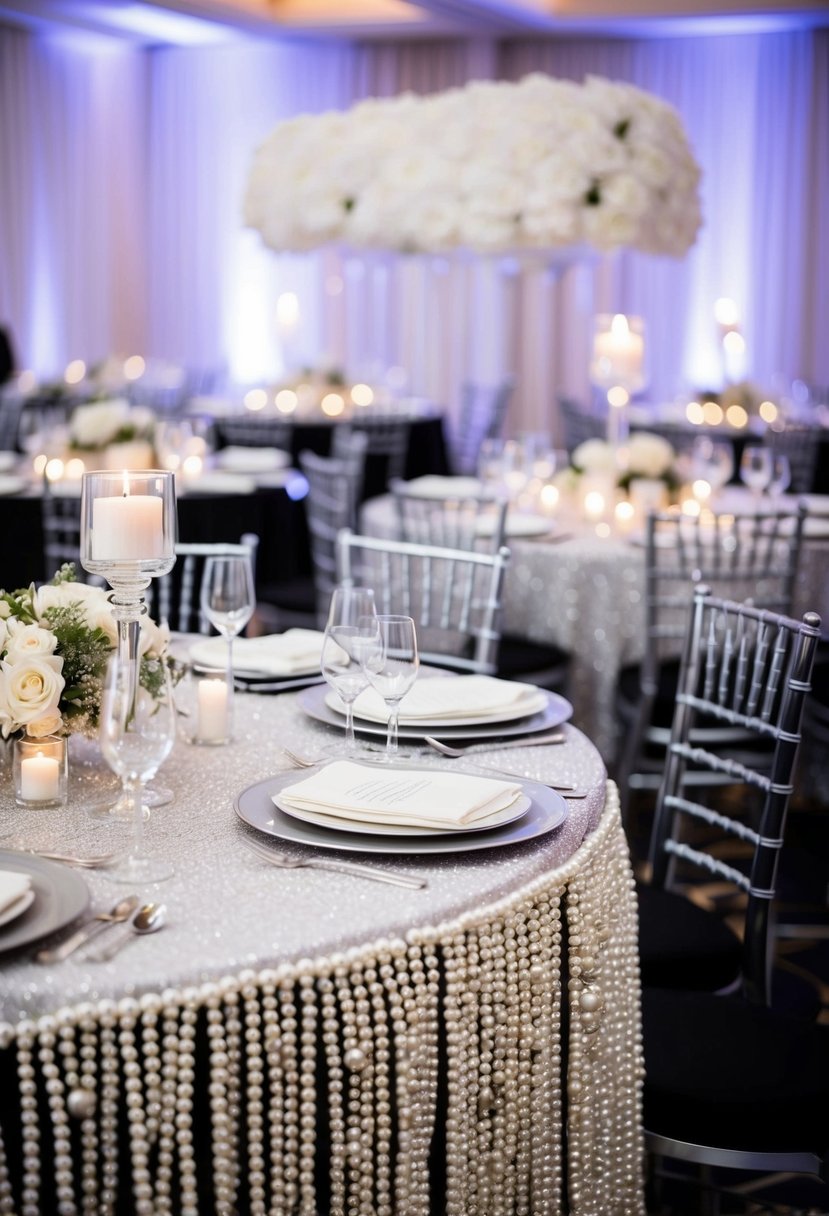 A luxurious black tie wedding table adorned with pearl and silver beaded tablecloths