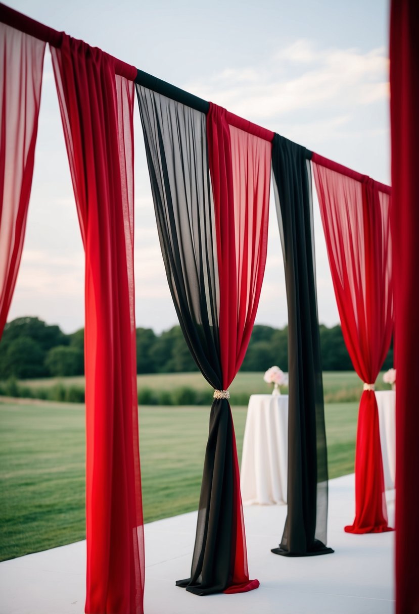 Red and black chiffon drapes billowing in the wind, creating a dramatic and elegant backdrop for a wedding ceremony or reception