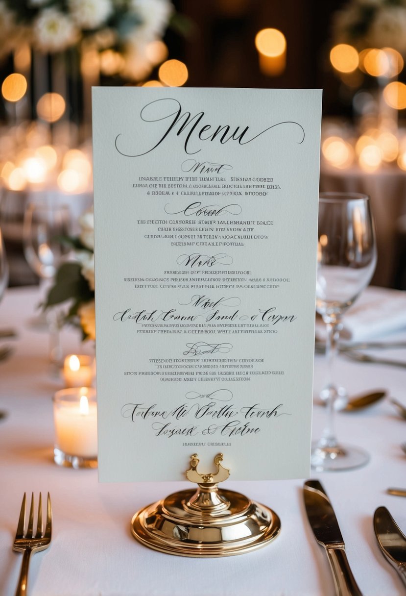 Elegant menu cards with calligraphy displayed on a formal wedding table