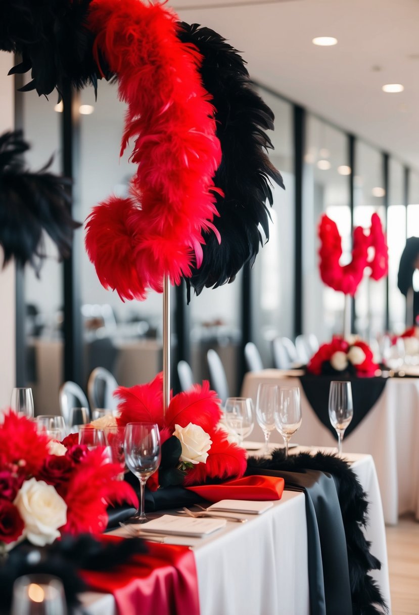 Black and red feather boas draped over a sleek, modern wedding table with matching decor and flowers